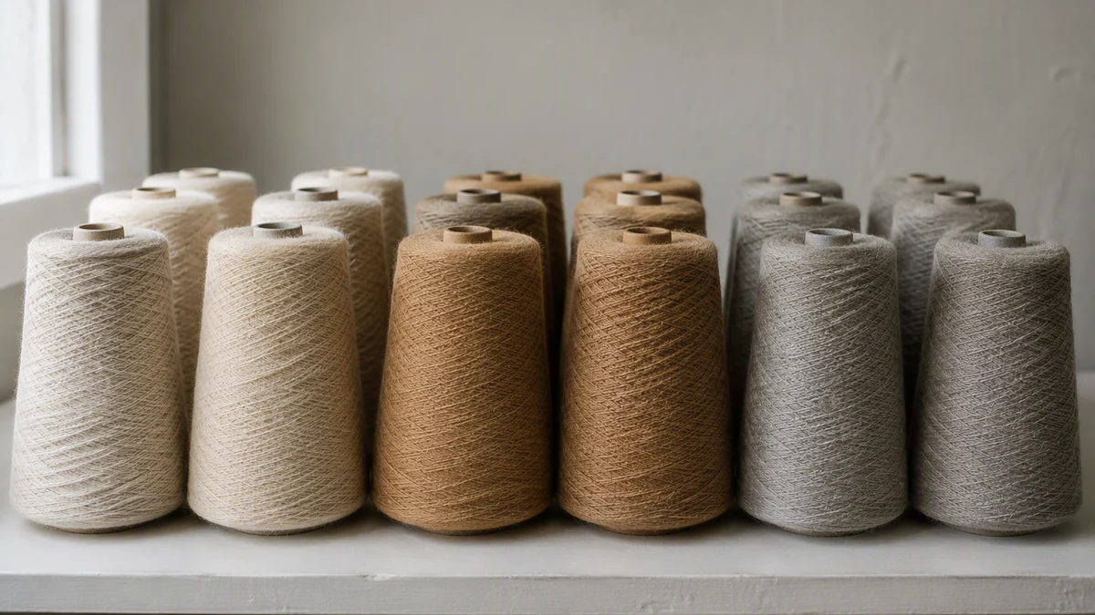 Cones of knitting yarn grouped by colour in a yarn store area