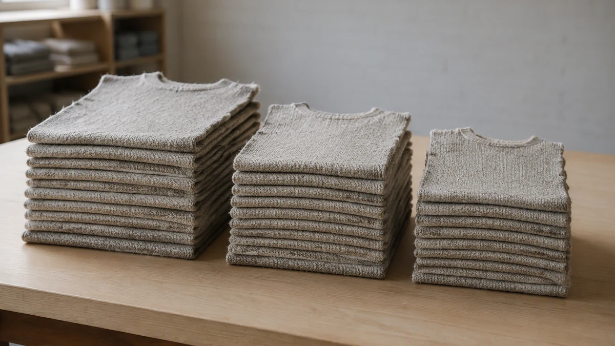 Three stacks of folded knitted sweaters on a work table in a knitwear production area, sorted into separate piles by size