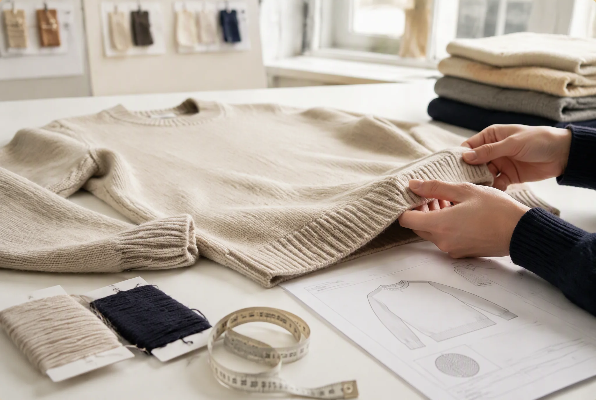 Knitwear sample review with yarn swatches, measuring tape and technical drawing