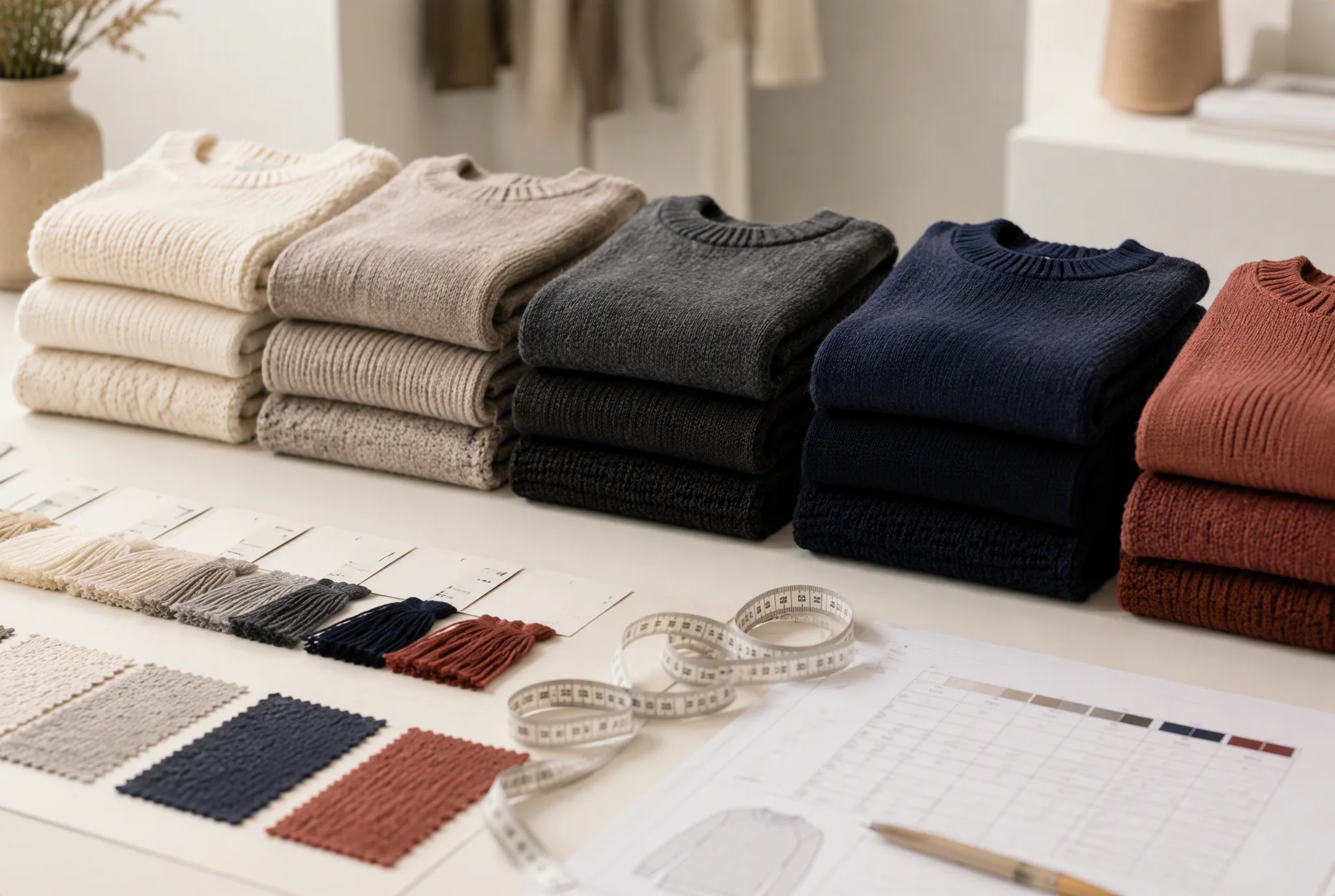Knitwear colorway and size planning with folded samples, yarn swatches and measuring tape